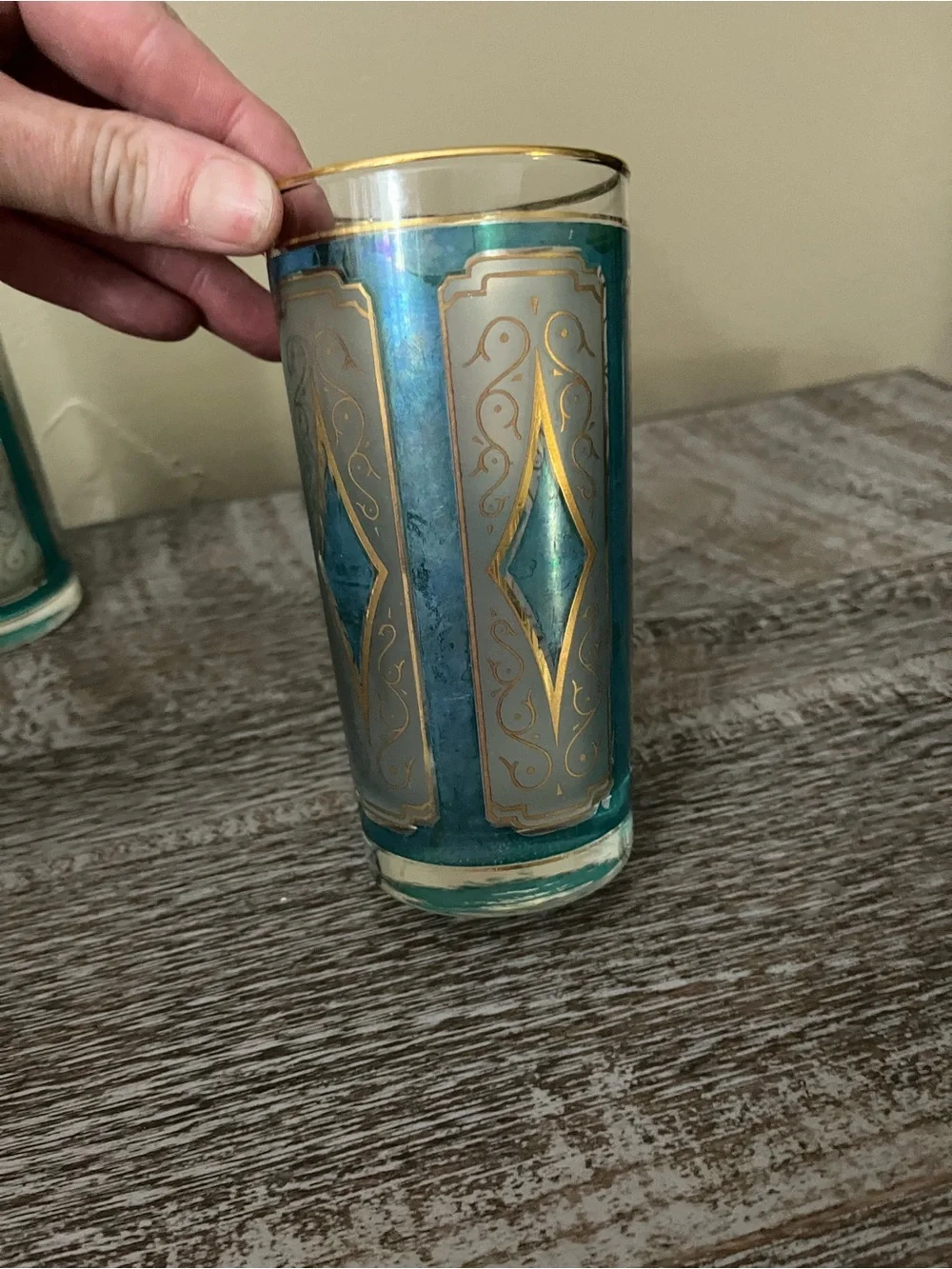 Vintage Libbey Blue & Gold Diamond Glasses Set of 3 with 22k gold rim
